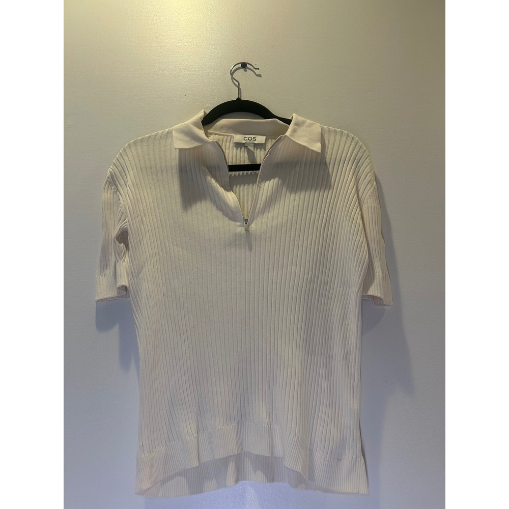 COS Polo Top Women Small Cream White Ribbed Half-Zip Short Sleeve Knit